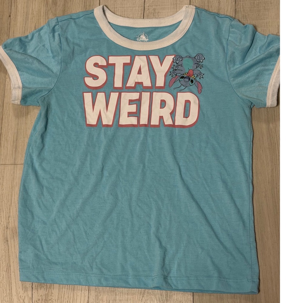 Disney Lilo & Stitch Stay Weird Ringer Tee Light Blue XS Short Sleeve Graphic T